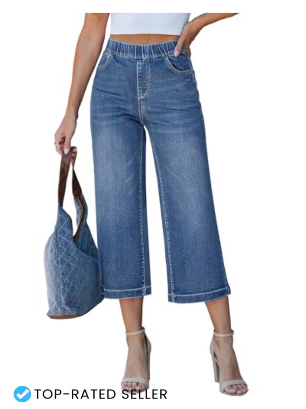 Women's Wide Leg Capri Jeans High Waisted Pull On Elastic Stretch Denim Capris